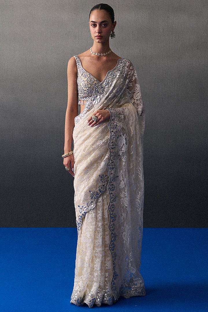 Ivory Chantilly Applique & Mirror Work Wedding Saree Set by Angad Singh at Pernia's Pop Up Shop