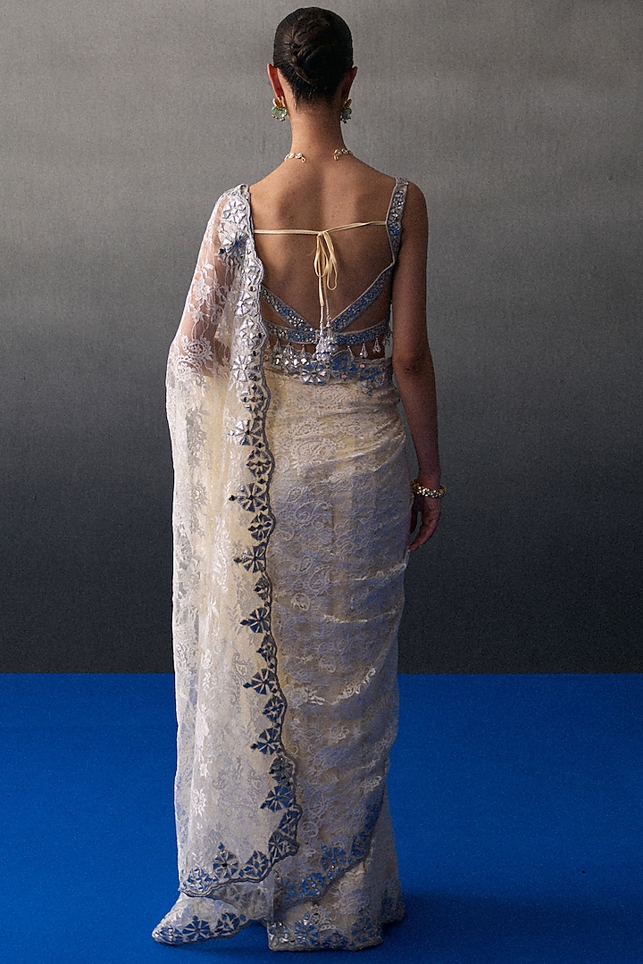 Ivory Chantilly Applique & Mirror Work Wedding Saree Set by Angad Singh at Pernia's Pop Up Shop