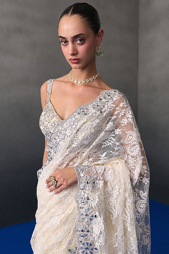 Ivory Chantilly Applique & Mirror Work Wedding Saree Set by Angad Singh at Pernia's Pop Up Shop