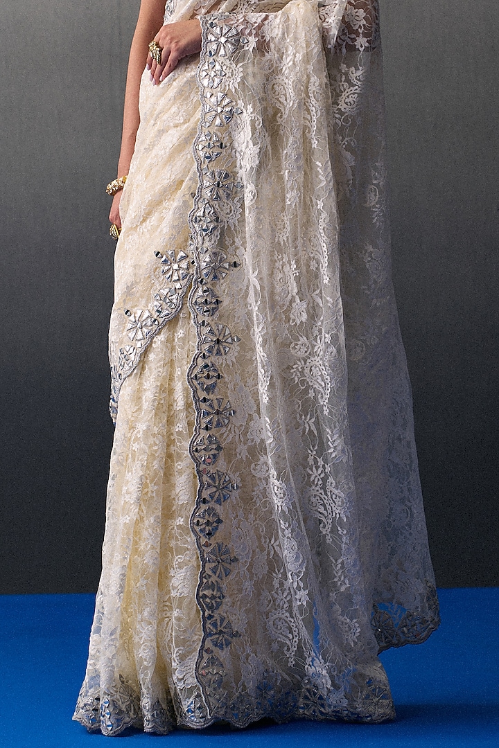 Ivory Chantilly Applique & Mirror Work Wedding Saree Set by Angad Singh at Pernia's Pop Up Shop