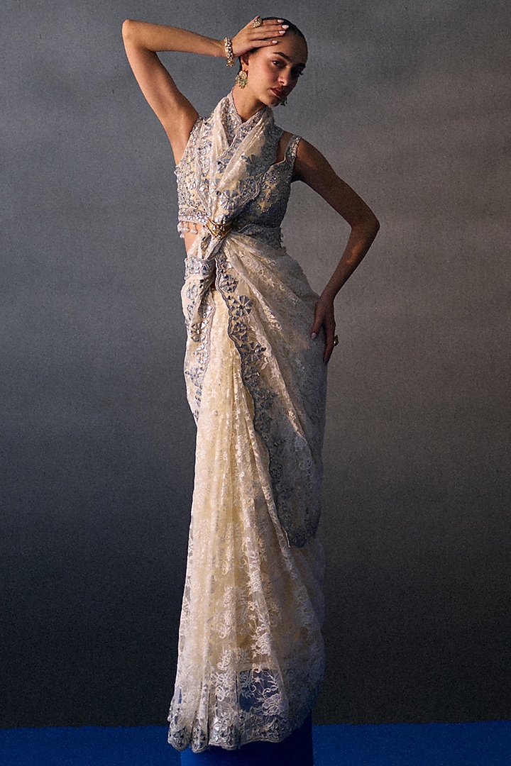Ivory Chantilly Applique & Mirror Work Wedding Saree Set by Angad Singh at Pernia's Pop Up Shop