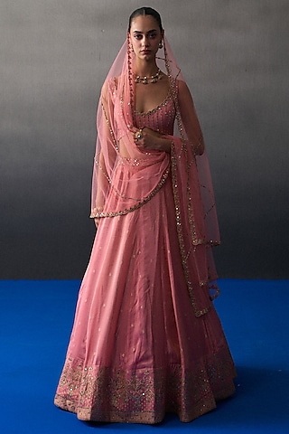 Gajri Banarasi Silk Mirror Embroidered Lehenga Set by Angad Singh