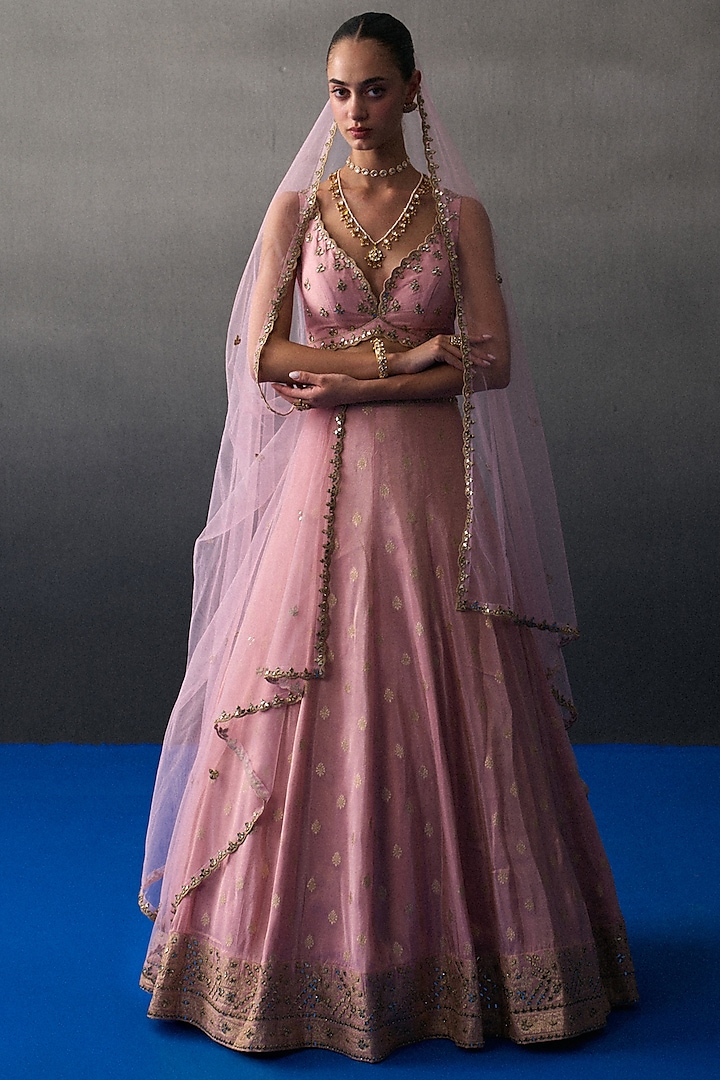 Pink Banarasi Silk Mirror Embroidered Wedding Lehenga Set by Angad Singh at Pernia's Pop Up Shop
