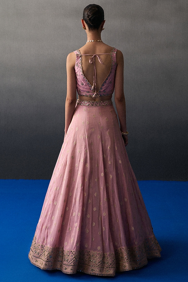 Pink Banarasi Silk Mirror Embroidered Wedding Lehenga Set by Angad Singh at Pernia's Pop Up Shop