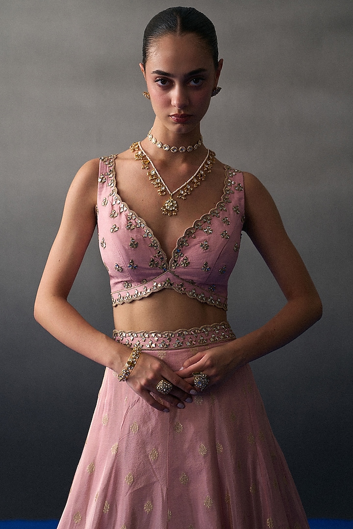 Pink Banarasi Silk Mirror Embroidered Wedding Lehenga Set by Angad Singh at Pernia's Pop Up Shop