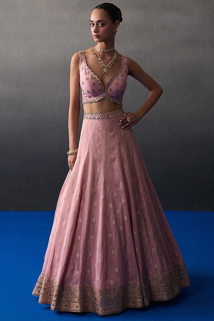 Pink Banarasi Silk Mirror Embroidered Wedding Lehenga Set by Angad Singh at Pernia's Pop Up Shop