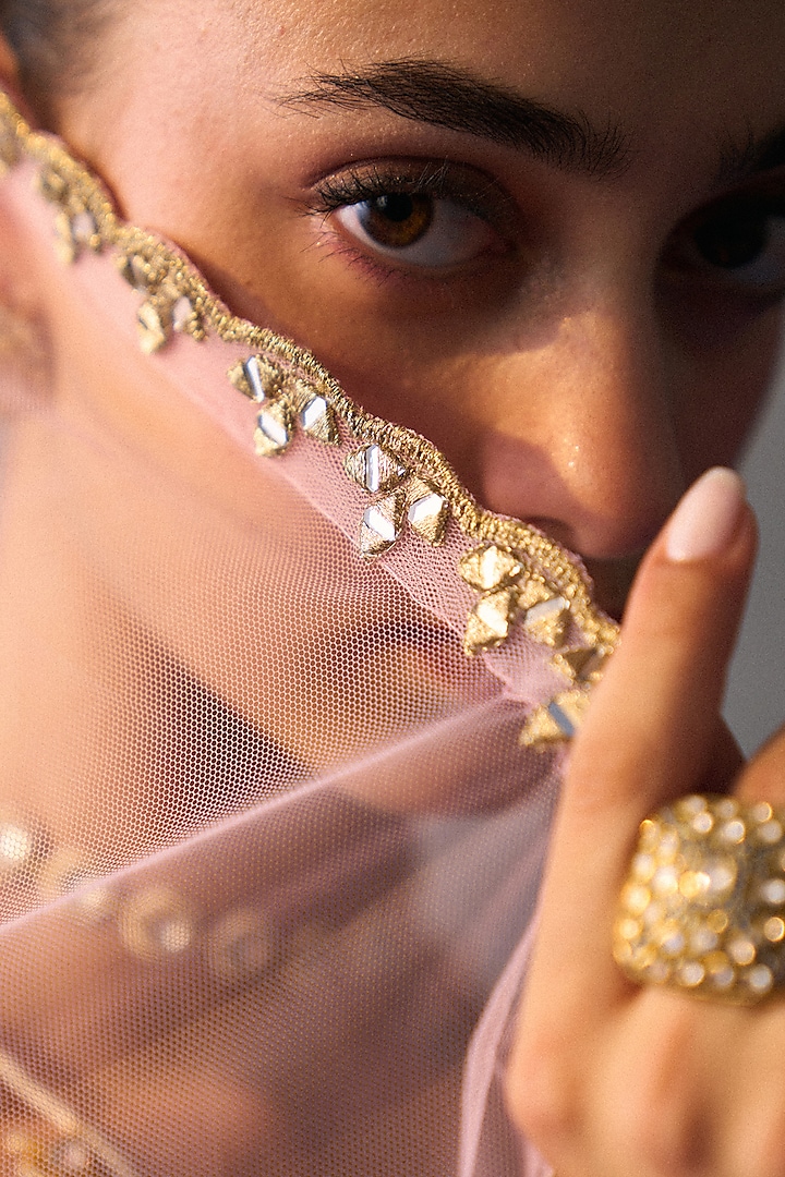 Pink Banarasi Silk Mirror Embroidered Wedding Lehenga Set by Angad Singh at Pernia's Pop Up Shop