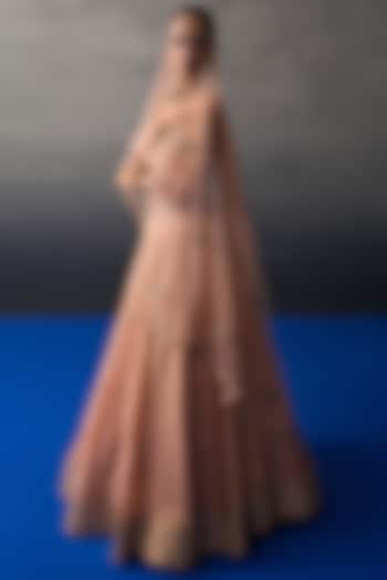 Peach Banarasi Silk Mirror Embroidered Wedding Lehenga Set by Angad Singh at Pernia's Pop Up Shop