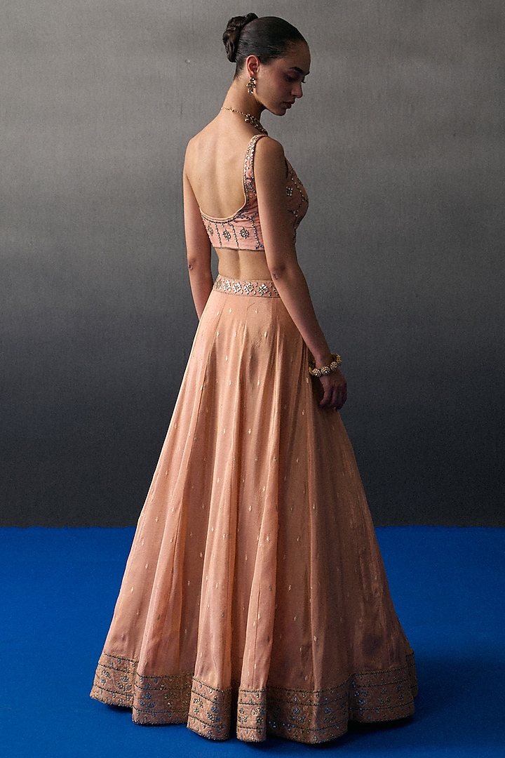 Peach Banarasi Silk Mirror Embroidered Wedding Lehenga Set by Angad Singh at Pernia's Pop Up Shop