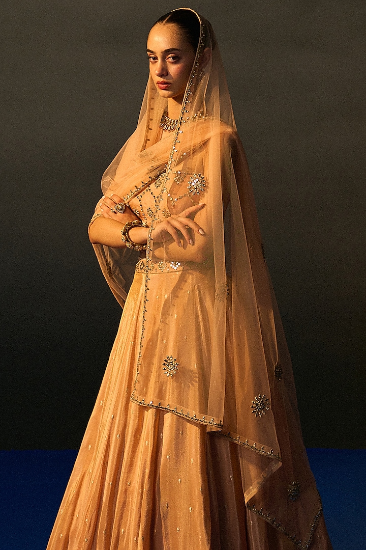 Peach Banarasi Silk Mirror Embroidered Wedding Lehenga Set by Angad Singh at Pernia's Pop Up Shop