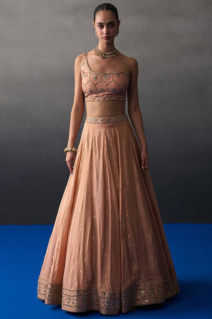 Peach Banarasi Silk Mirror Embroidered Wedding Lehenga Set by Angad Singh at Pernia's Pop Up Shop