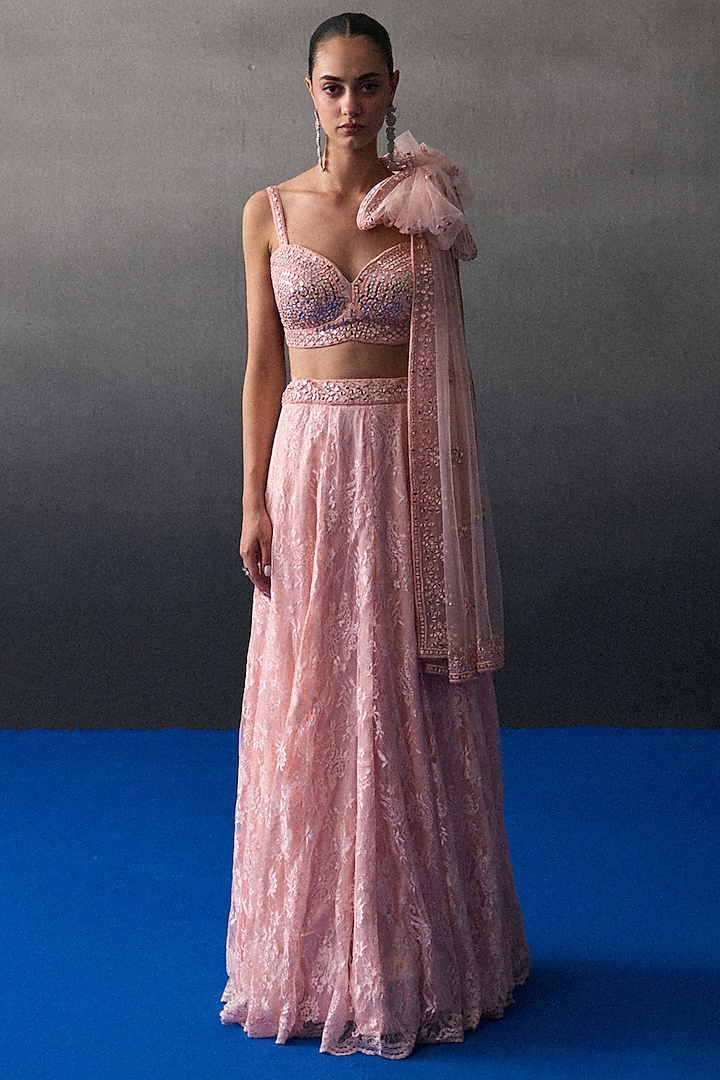 Peach Chantilly Wedding Lehenga Set by Angad Singh at Pernia's Pop Up Shop