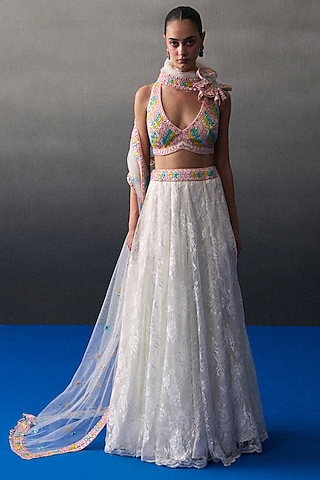 White Chantilly Lehenga Set by Angad Singh