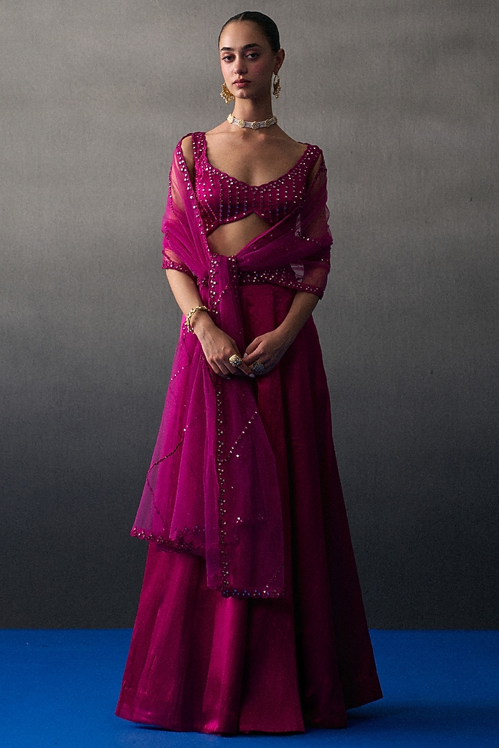 Rani Pink Satin Silk Wedding Lehenga Set by Angad Singh at Pernia's Pop Up Shop