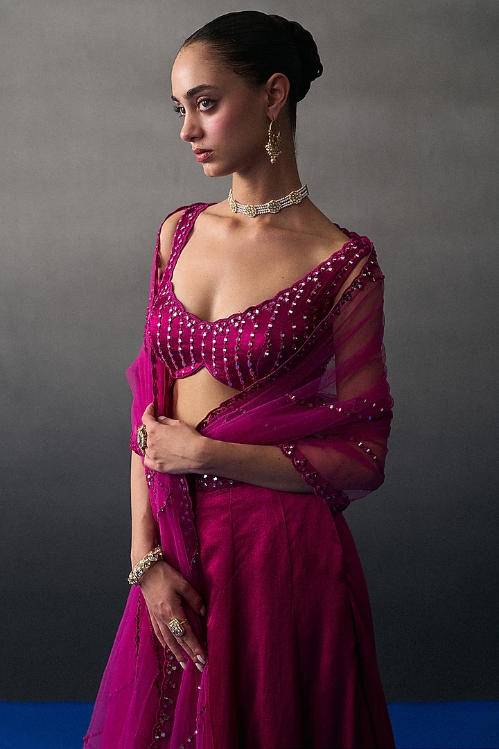 Rani Pink Satin Silk Wedding Lehenga Set by Angad Singh at Pernia's Pop Up Shop