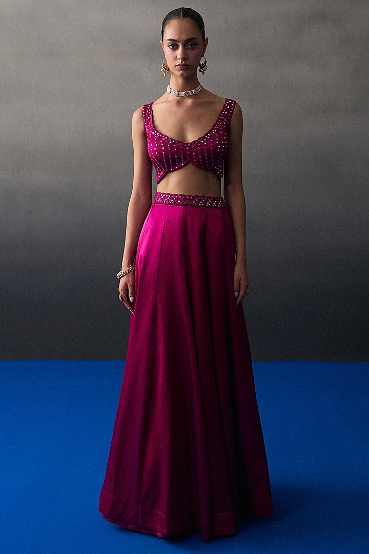 Rani Pink Satin Silk Wedding Lehenga Set by Angad Singh at Pernia's Pop Up Shop