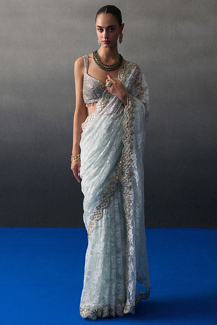 Mint Green Chantilly Applique & Mirror Work Wedding Saree Set by Angad Singh at Pernia's Pop Up Shop