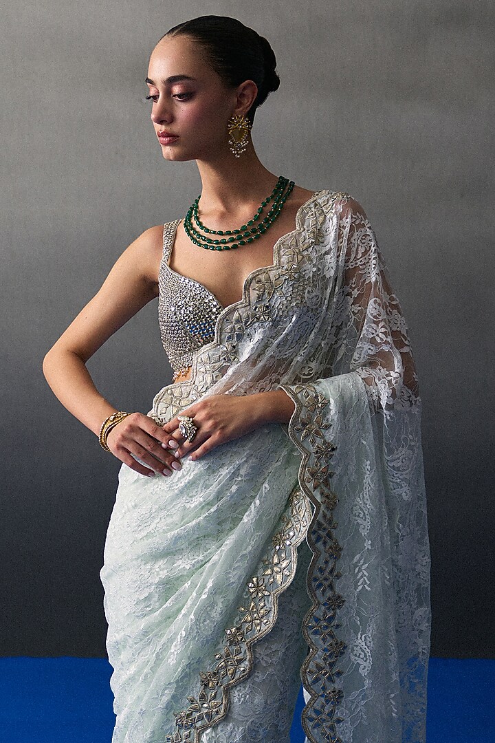 Mint Green Chantilly Applique & Mirror Work Wedding Saree Set by Angad Singh at Pernia's Pop Up Shop
