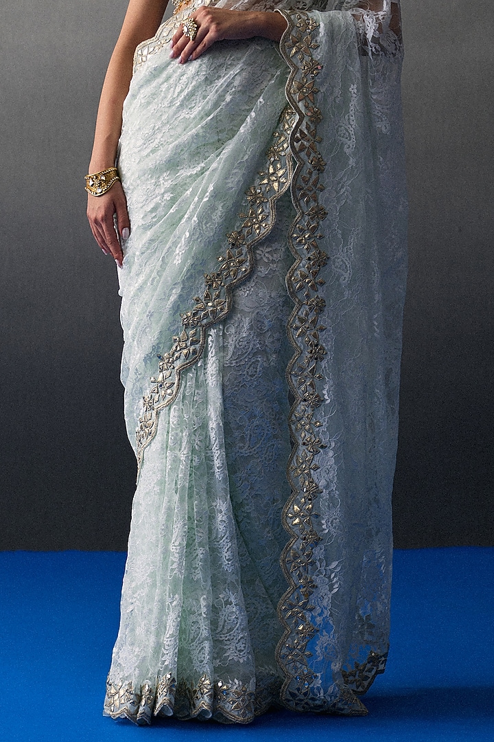 Mint Green Chantilly Applique & Mirror Work Wedding Saree Set by Angad Singh at Pernia's Pop Up Shop
