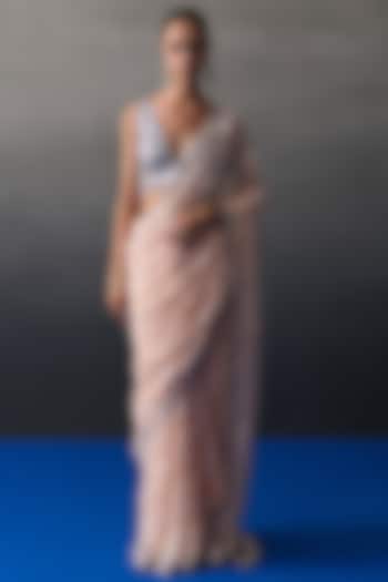 Peach Chantilly Applique & Mirror Work Wedding Saree Set by Angad Singh at Pernia's Pop Up Shop