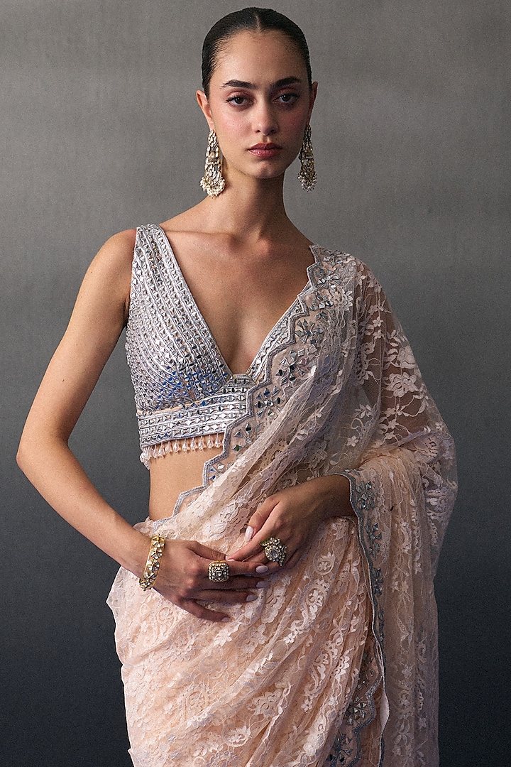 Peach Chantilly Applique & Mirror Work Wedding Saree Set by Angad Singh at Pernia's Pop Up Shop