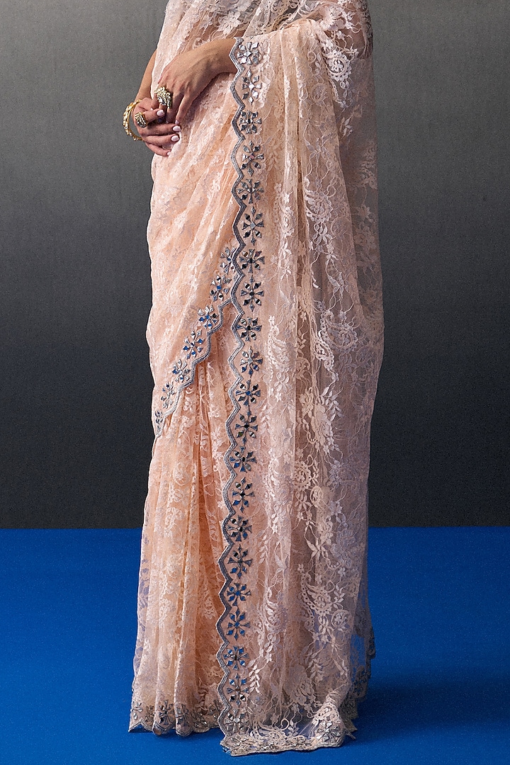 Peach Chantilly Applique & Mirror Work Wedding Saree Set by Angad Singh at Pernia's Pop Up Shop