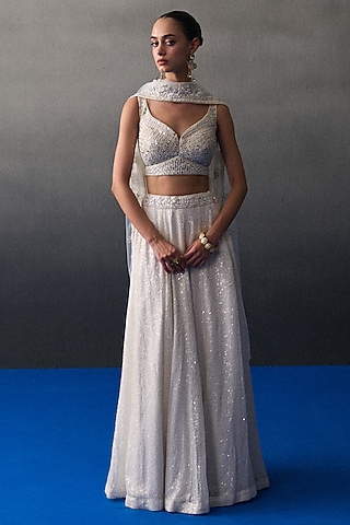 White Sequins Lehenga Set by Angad Singh