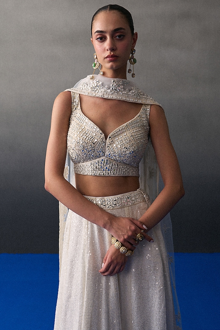 White Sequins Wedding Lehenga Set by Angad Singh at Pernia's Pop Up Shop