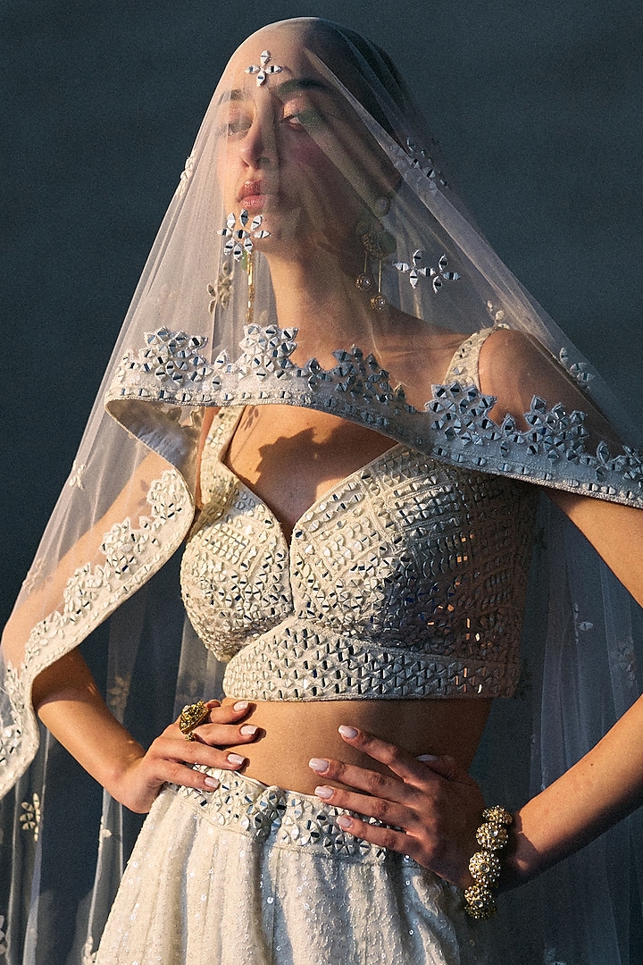 White Sequins Wedding Lehenga Set by Angad Singh at Pernia's Pop Up Shop
