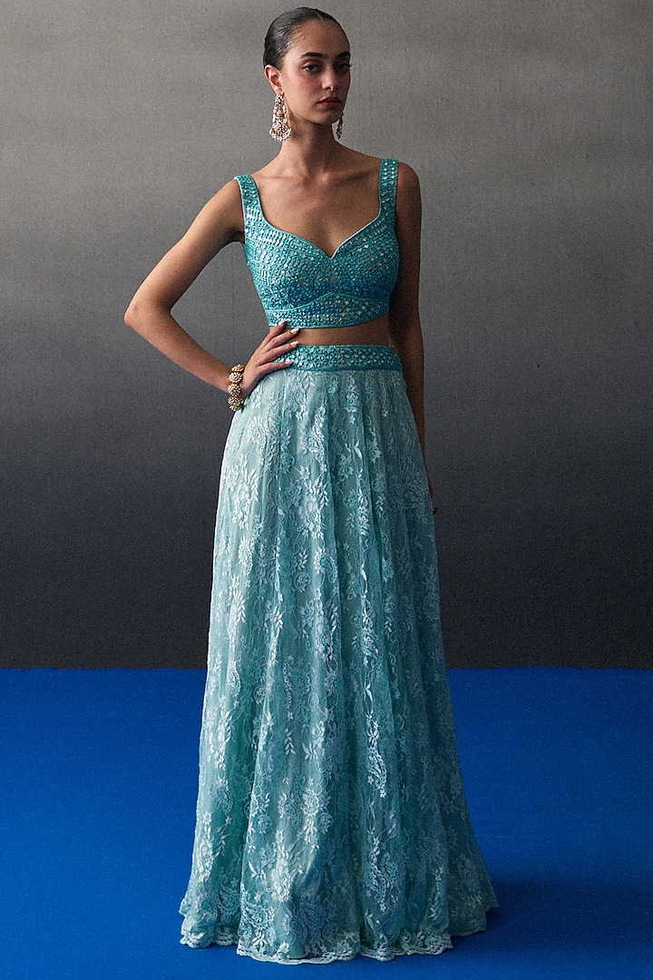 Mint Green Chantilly Wedding Lehenga Set by Angad Singh at Pernia's Pop Up Shop