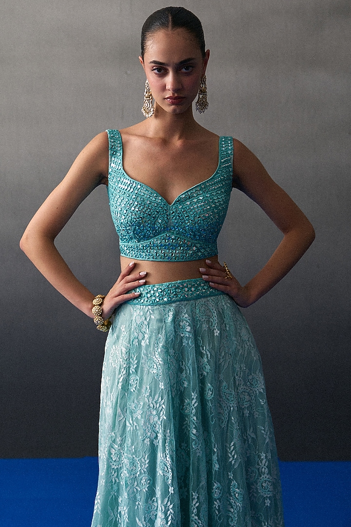 Mint Green Chantilly Wedding Lehenga Set by Angad Singh at Pernia's Pop Up Shop