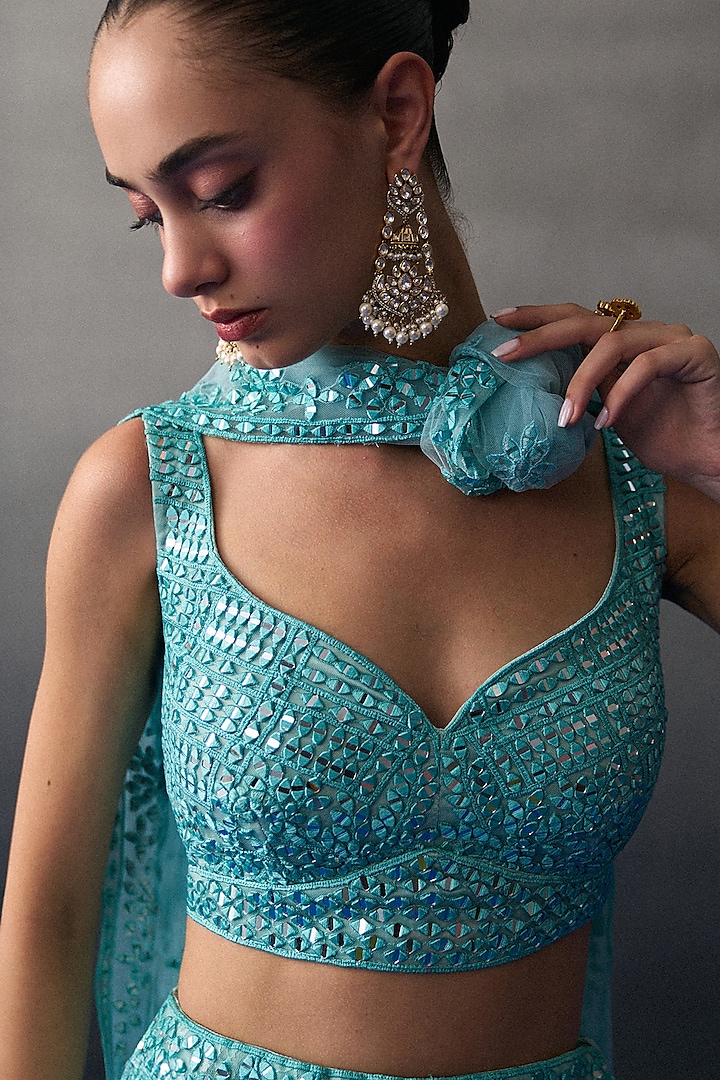 Mint Green Chantilly Wedding Lehenga Set by Angad Singh at Pernia's Pop Up Shop