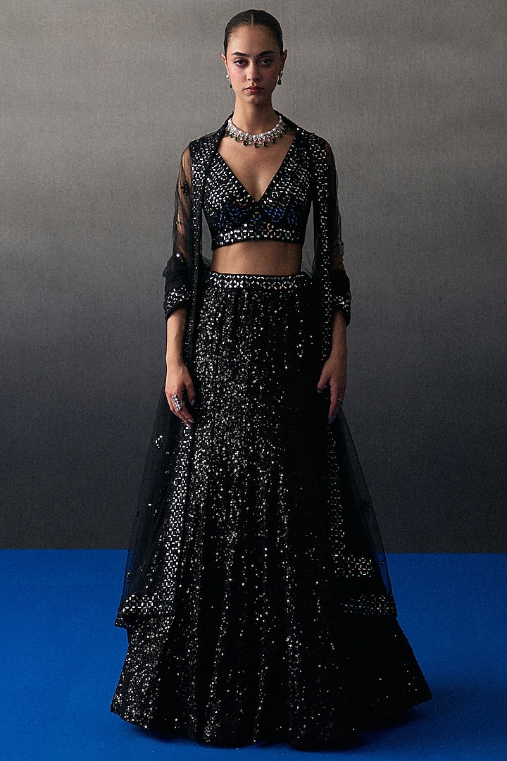 Black Sequins Mermaid Wedding Lehenga Set by Angad Singh at Pernia's Pop Up Shop