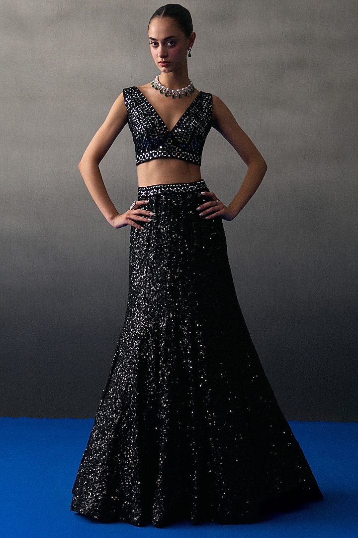 Black Sequins Mermaid Wedding Lehenga Set by Angad Singh at Pernia's Pop Up Shop
