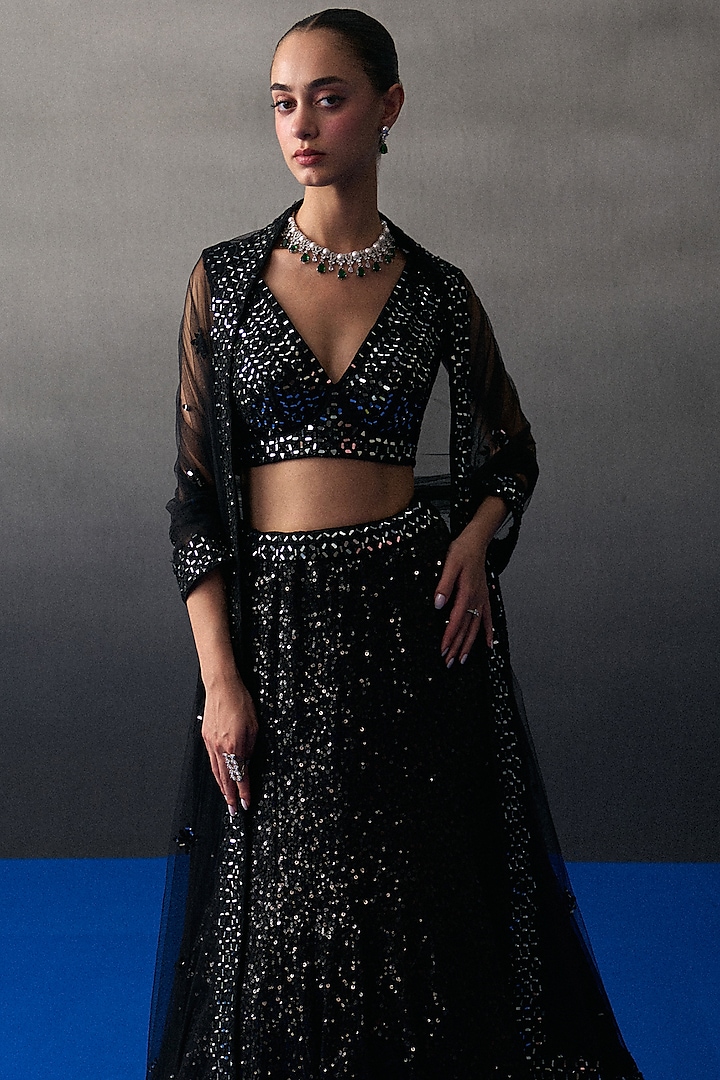 Black Sequins Mermaid Wedding Lehenga Set by Angad Singh at Pernia's Pop Up Shop