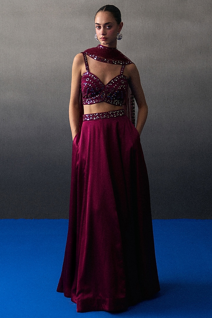 Crimson Satin Silk Wedding Lehenga Set by Angad Singh at Pernia's Pop Up Shop