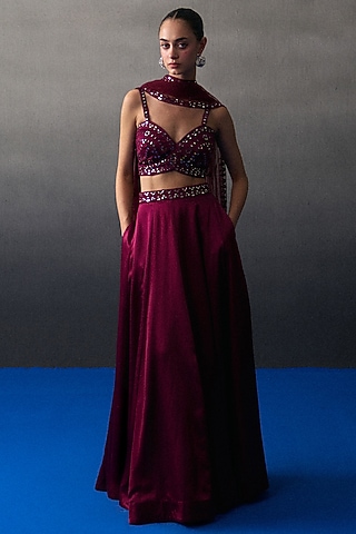 Crimson Satin Silk Lehenga Set by Angad Singh