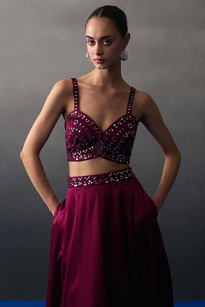 Crimson Satin Silk Wedding Lehenga Set by Angad Singh at Pernia's Pop Up Shop