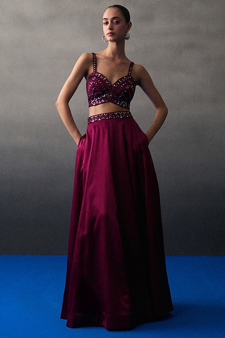 Crimson Satin Silk Wedding Lehenga Set by Angad Singh at Pernia's Pop Up Shop