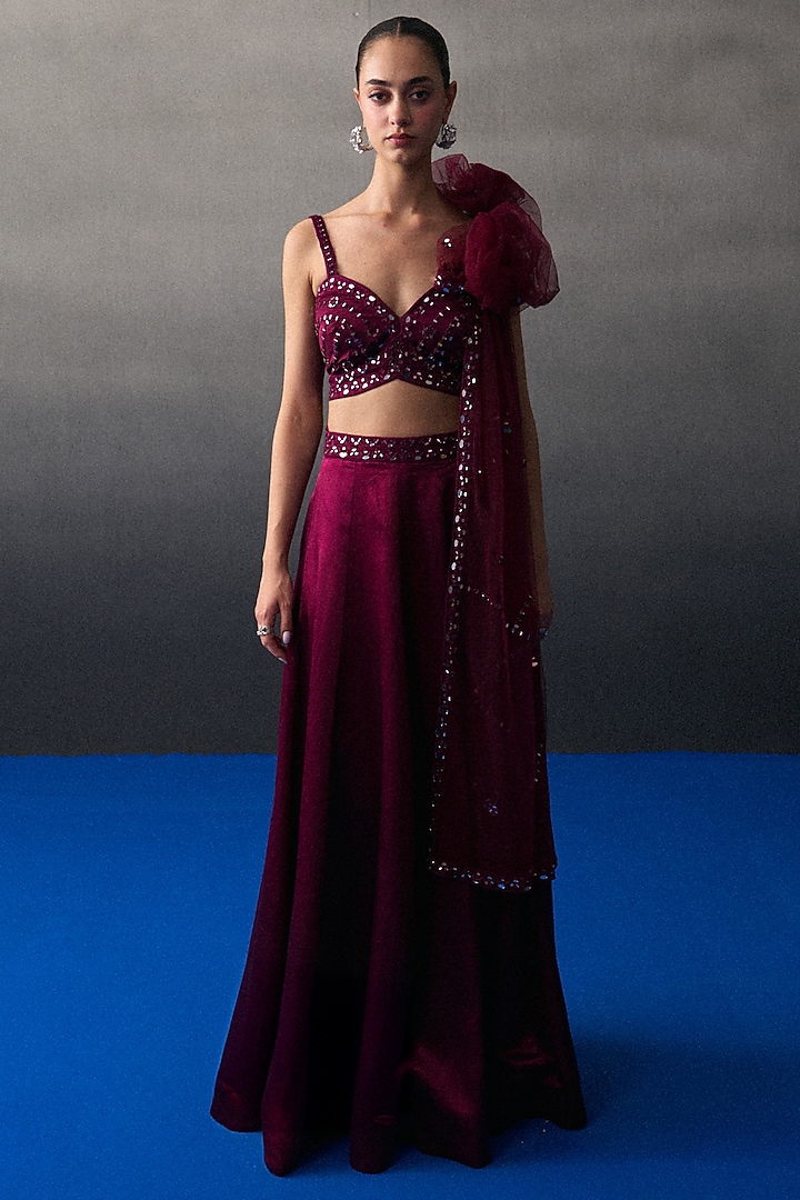 Crimson Satin Silk Wedding Lehenga Set by Angad Singh at Pernia's Pop Up Shop