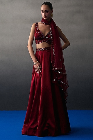 Maroon Satin Silk Lehenga Set by Angad Singh