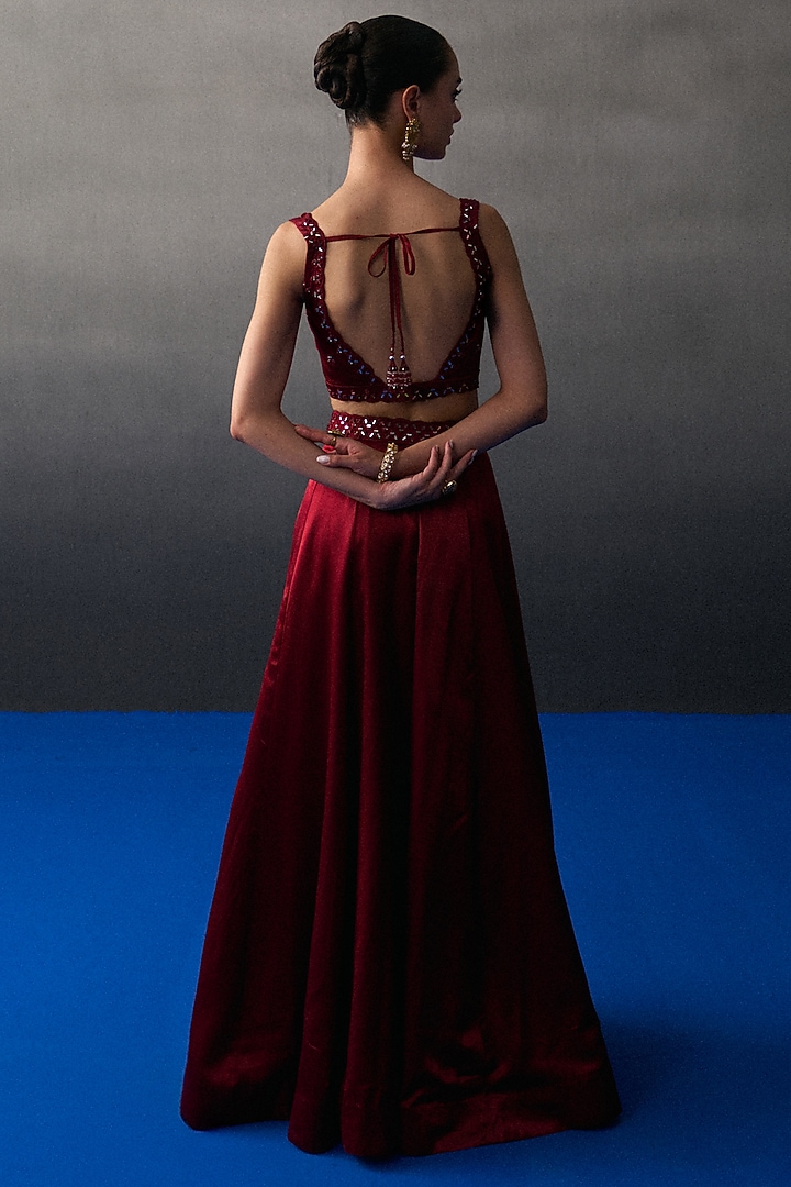Maroon Satin Silk Wedding Lehenga Set by Angad Singh at Pernia's Pop Up Shop