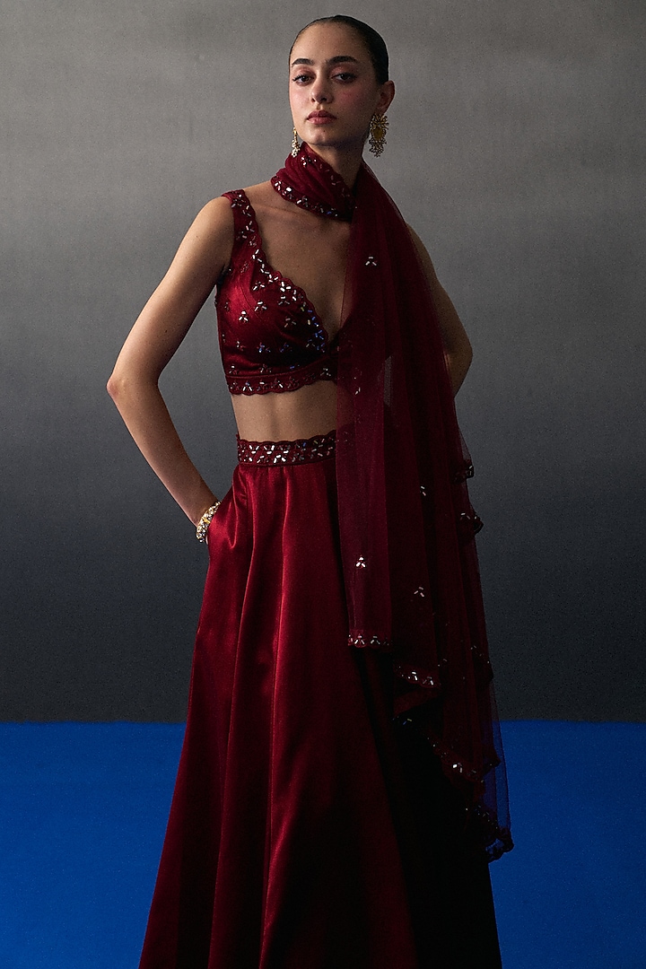 Maroon Satin Silk Wedding Lehenga Set by Angad Singh at Pernia's Pop Up Shop