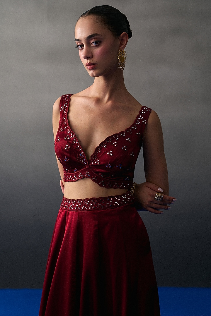 Maroon Satin Silk Wedding Lehenga Set by Angad Singh at Pernia's Pop Up Shop