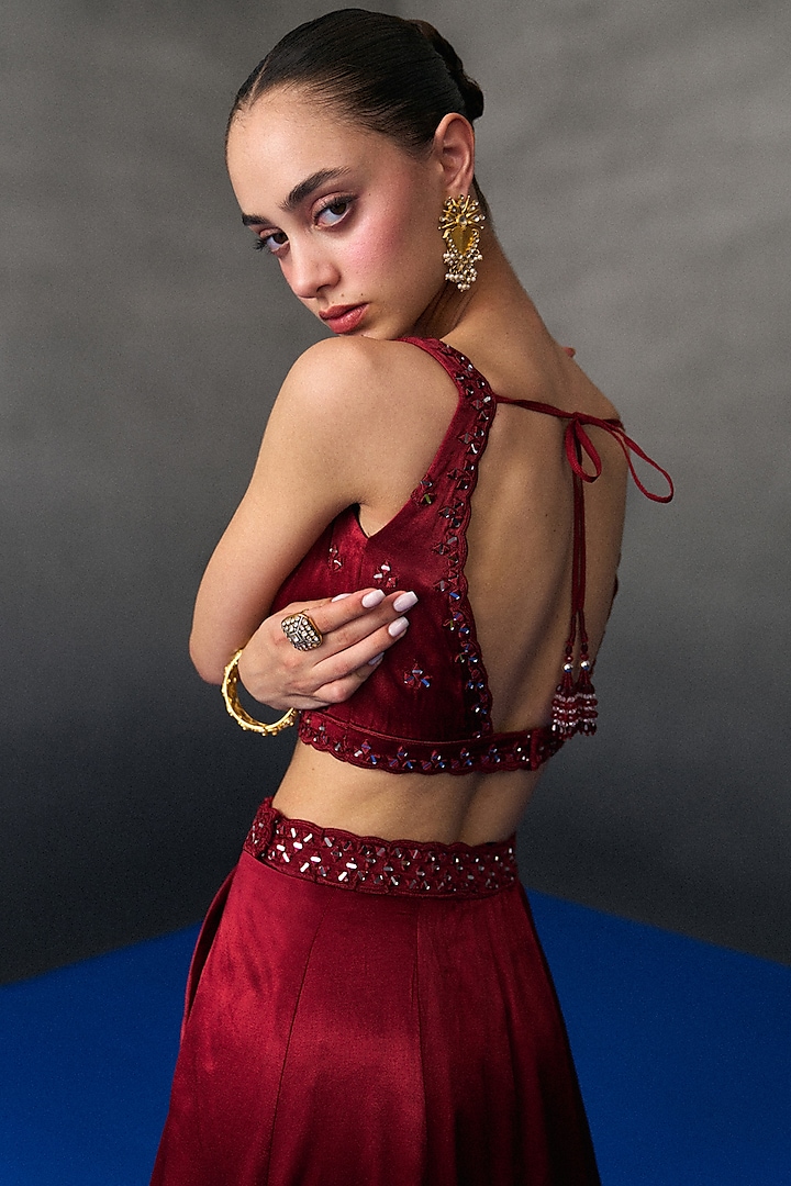 Maroon Satin Silk Wedding Lehenga Set by Angad Singh at Pernia's Pop Up Shop