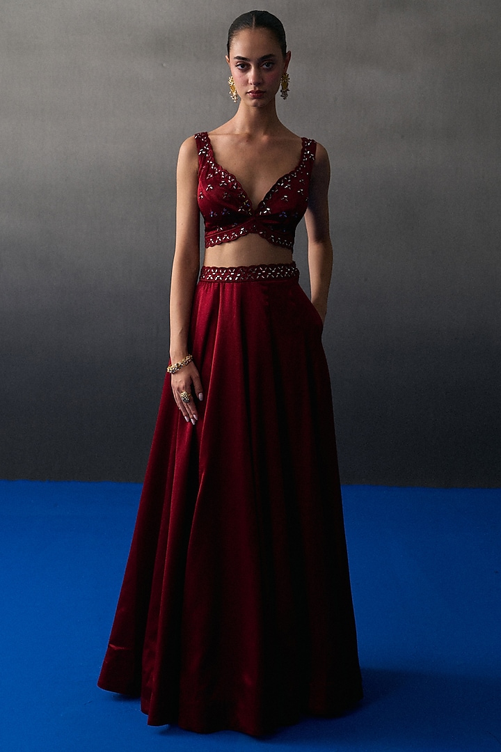 Maroon Satin Silk Wedding Lehenga Set by Angad Singh at Pernia's Pop Up Shop