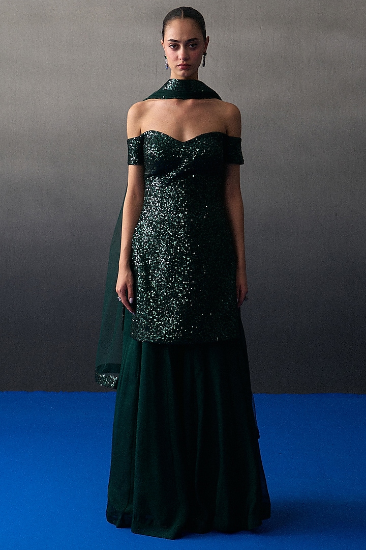 Green Soft Organza Party Wear Sharara Set by Angad Singh at Pernia's Pop Up Shop