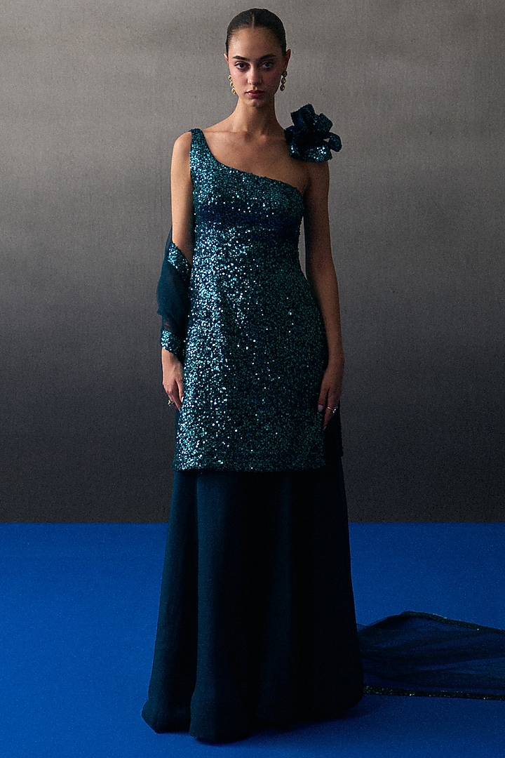 Peacock Blue Soft Organza Party Wear Sharara Set by Angad Singh at Pernia's Pop Up Shop