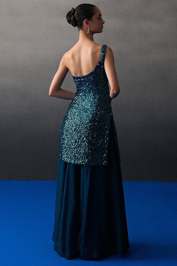 Peacock Blue Soft Organza Party Wear Sharara Set by Angad Singh at Pernia's Pop Up Shop