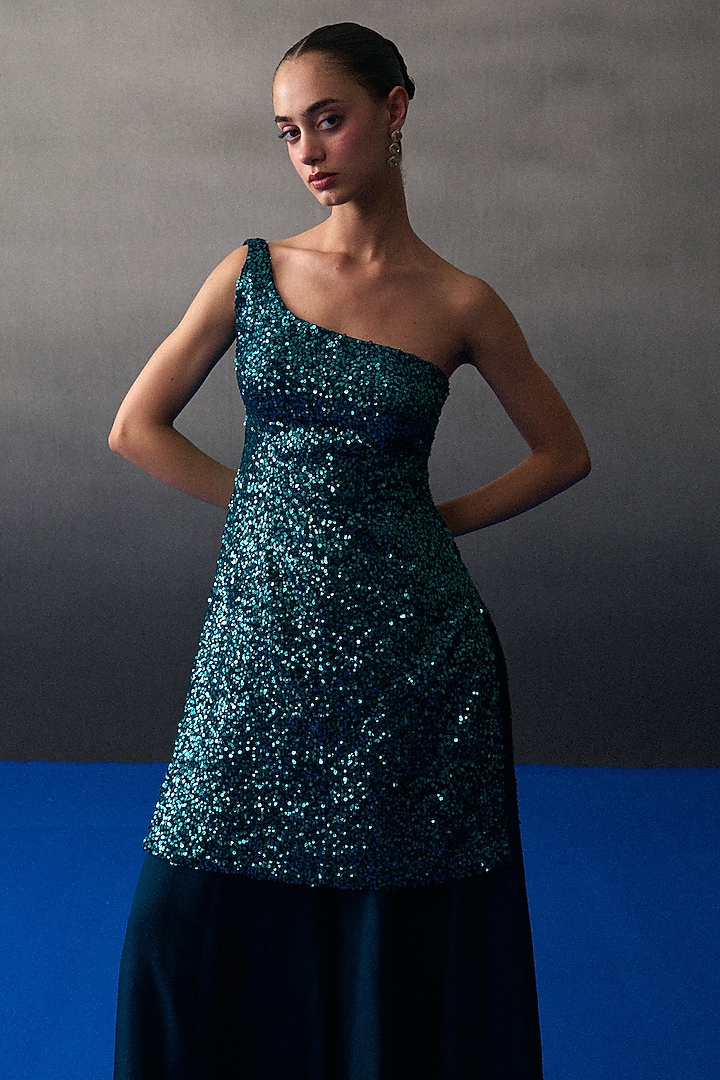 Peacock Blue Soft Organza Party Wear Sharara Set by Angad Singh at Pernia's Pop Up Shop